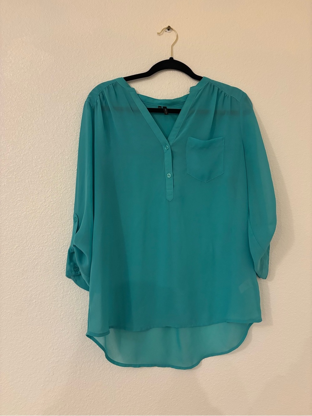 Maurices Teal V-Neck Roll-Tab Blouse
